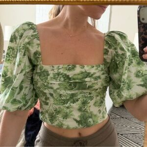 Abercrombie & Fitch Green Floral Puff Sleeve Crop Top